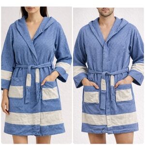 Turkish Towel Robe Cotton Womens S/M Bathrobe Diamond Herringbone Hooded